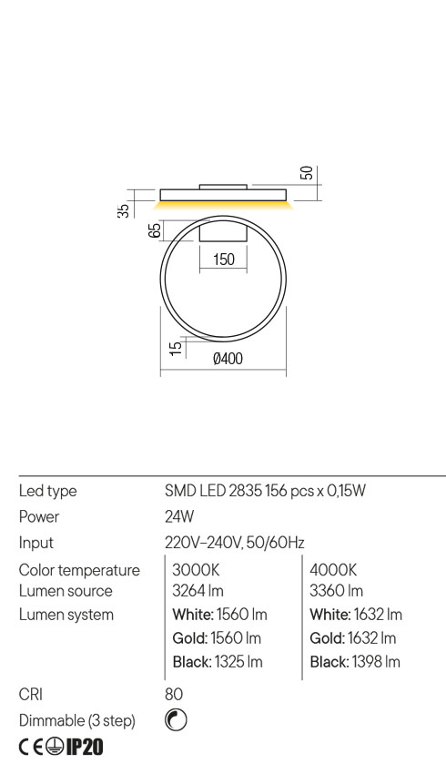 Aplica LED Febe, alb mat, 24W, 3264 lm, 3000K, IP20, Redo, 01-2833