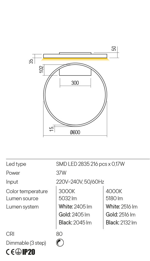 Aplica LED Febe, alb mat, 37W, 5032 lm, 3000K, IP20, Redo, 01-2839