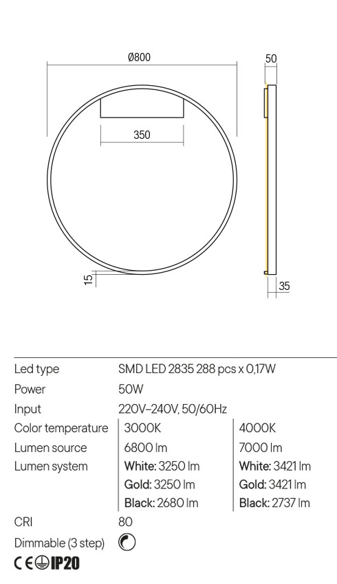 Aplica LED Febe, auriu mat, 50W, 7000 lm, 4000K, IP20, Redo, 01-2830
