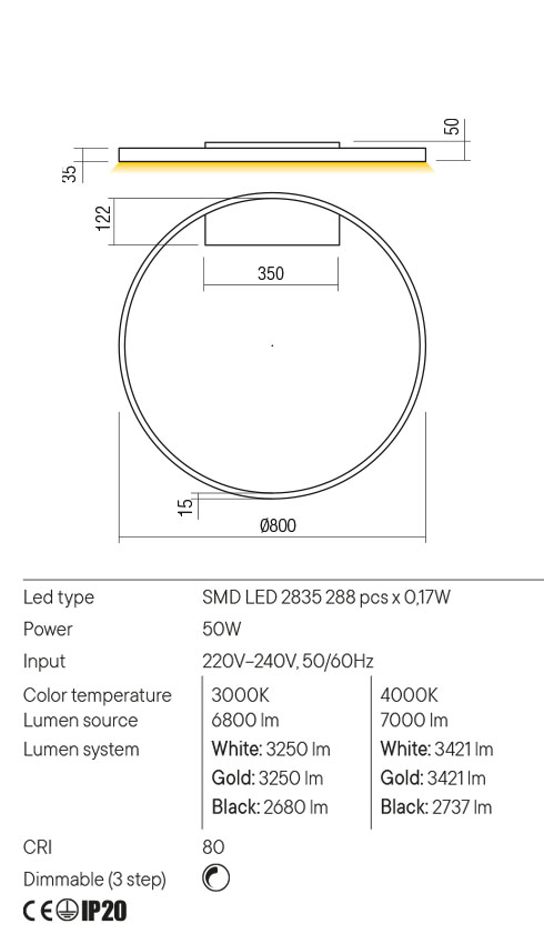 Aplica LED Febe, auriu mat, 50W, 7000 lm, 4000K, IP20, Redo, 01-2848