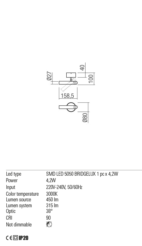 Aplica LED Ferro, alb mat, 4W, 315lm, 3000K, IP20, Redo, 01-2178