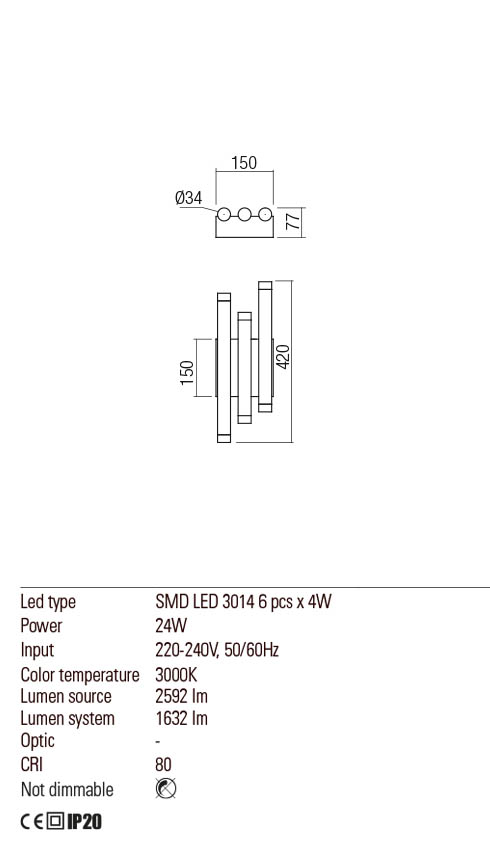Aplica LED Madison, auriu mat, 24W, 2960 lm, 3000K, IP20, Redo, 01-2036
