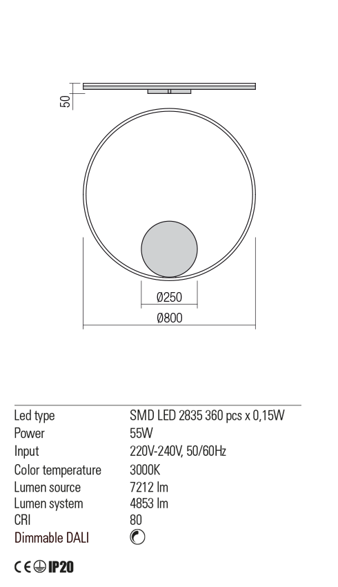 Aplica LED Orbit, negru mat, 55W, 7212 lm, 3000K, IP20, Redo, 01-1946-DALI