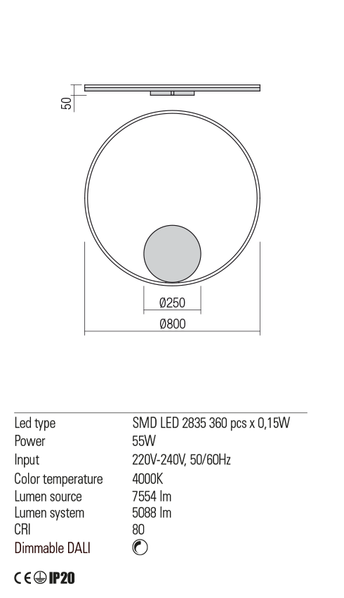 Aplica LED Orbit, negru mat, 55W, 7554 lm, 4000K, IP20, Redo, 01-1959-DALI