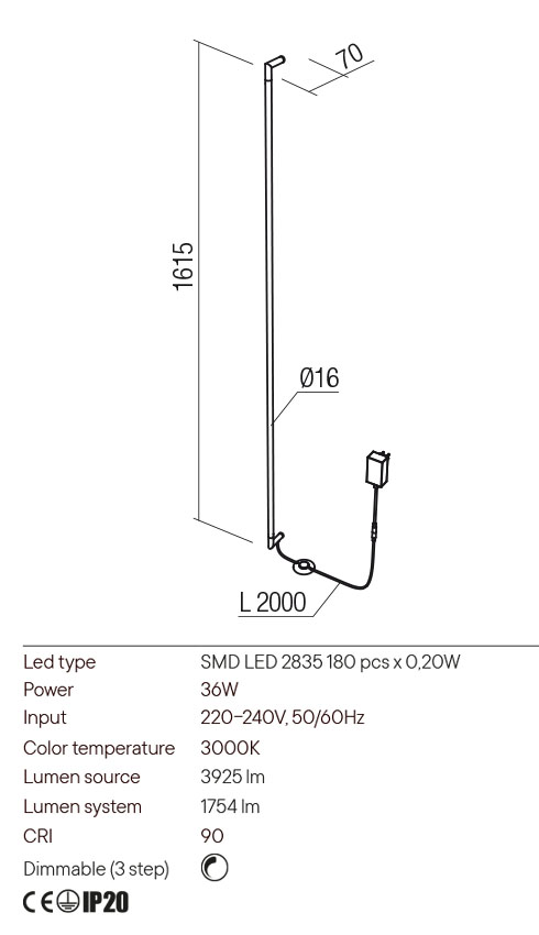 Aplica LED Stick, negru mat, 36W, 3925 lm, 3000K, IP20, Redo, 01-2793