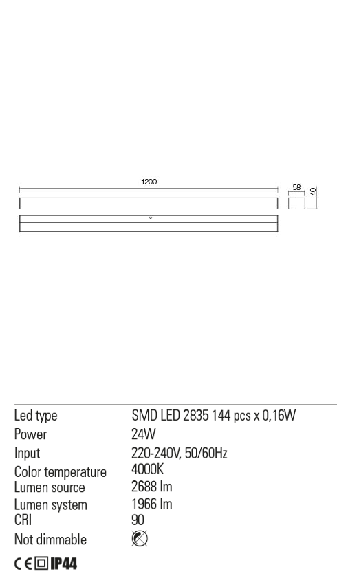 Aplica baie LED Task, crom, 24W, 2688 lm, 4000K, L.120cm, IP44, Redo, 01-2331