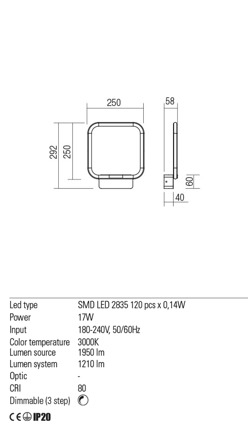Aplica LED Thai, alb mat, 17W, 2460 lm, 3000K, IP20, Redo, 01-2095