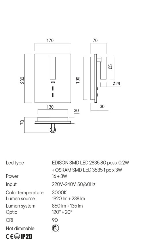Aplica LED Zen, bronz periat, 16W + 3W, 1920 lm + 238 lm, 3000K, IP20, Redo, 01-2996