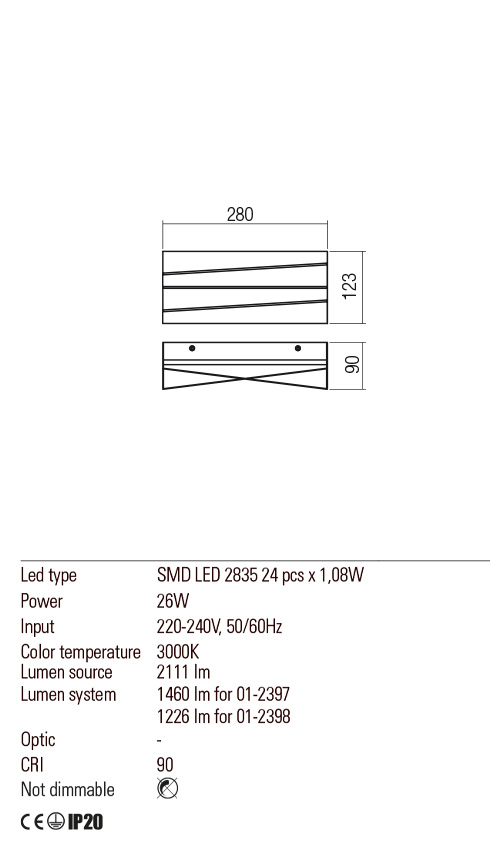Aplica ZIGO, alb mat, LED 26W, 3000K, 2111 lm, Redo 01-2397