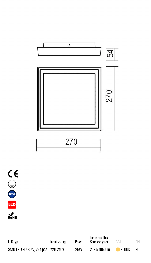 Plafoniera exterior LED Bezel, patrata, alb, 25W, 2680lm, 3000K, IP54, Redo, 9186