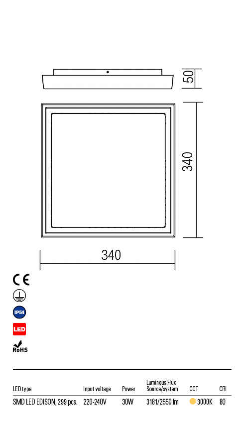 Plafoniera exterior LED Bezel, patrata, alb, 30W, 3181lm, 3000K, IP54, Redo, 9189