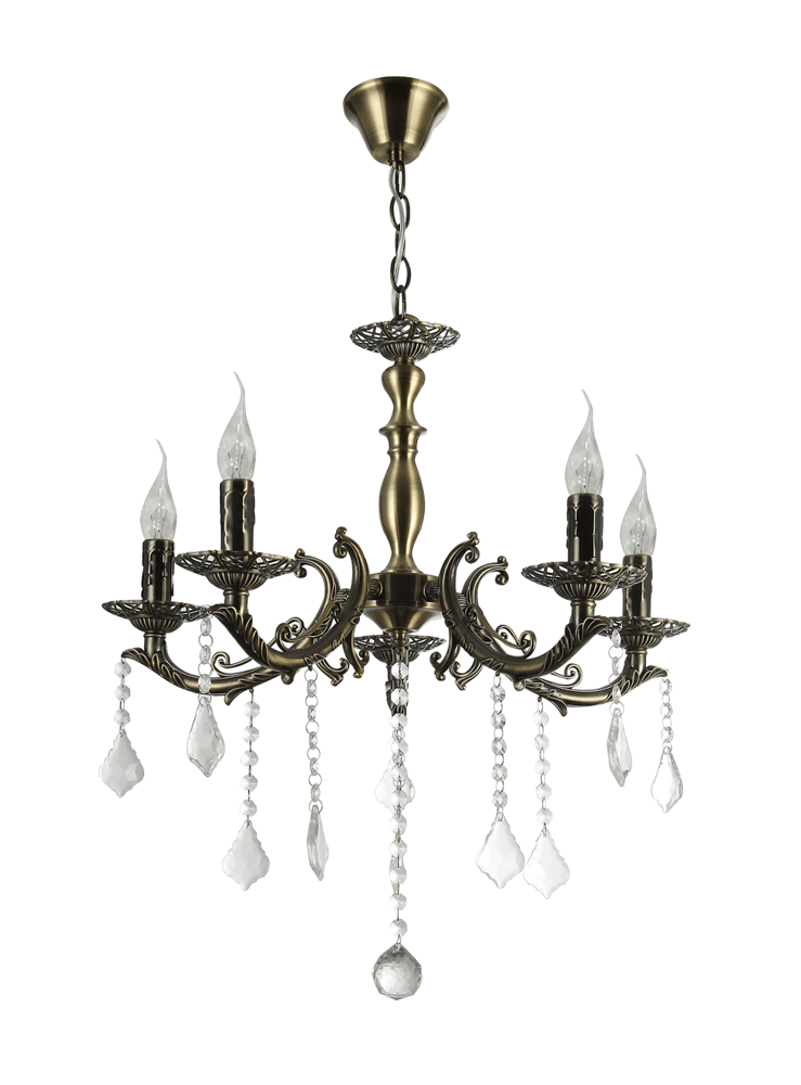 Lustra 5 becuri, bronz, decoratiuni din sticla