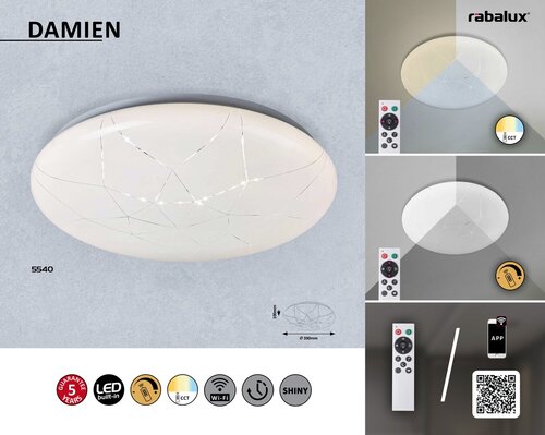 Plafoniera Damien, alb, 1920lm, LED 24W, 3000-6500K, Rabalux 5540