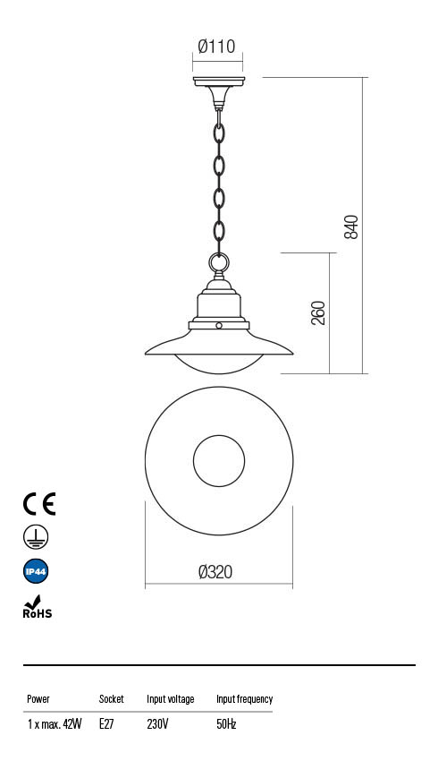 Lustra suspendata exterior Elio, gri inchis, 1xE27, IP44, Redo, 90094