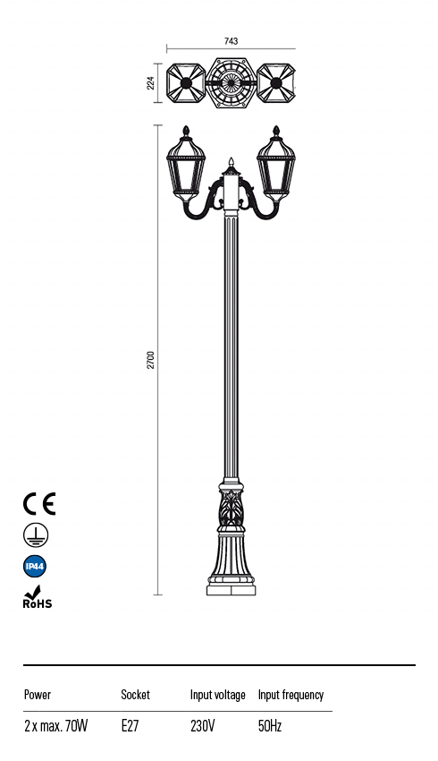 Stalp exterior Essen, maro, sticla, 2 x E27, IP44, Redo, 9663