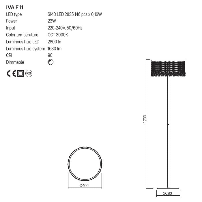 Lampadar Vanesia, aur periat, LED, 23W, 1680 lumeni, 3000K, H.170 cm, Incanti IVA F 11