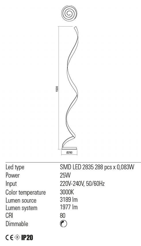 Lampadar LED Torsion, 25W, 3189lm, 3000K, H.150cm, IP20, Redo, 01-1797