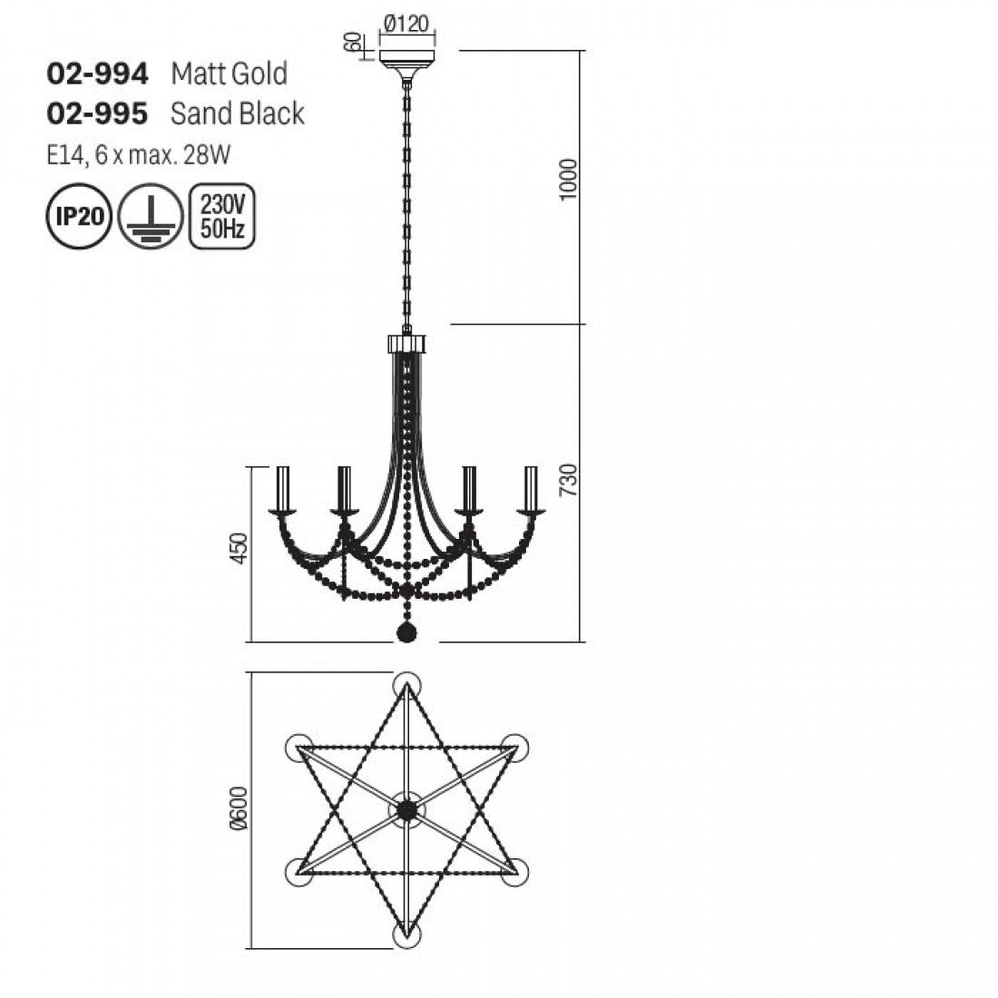 Lustra Aphrodite, aur mat, 6XE14, D.60 cm, Smarter 02-994