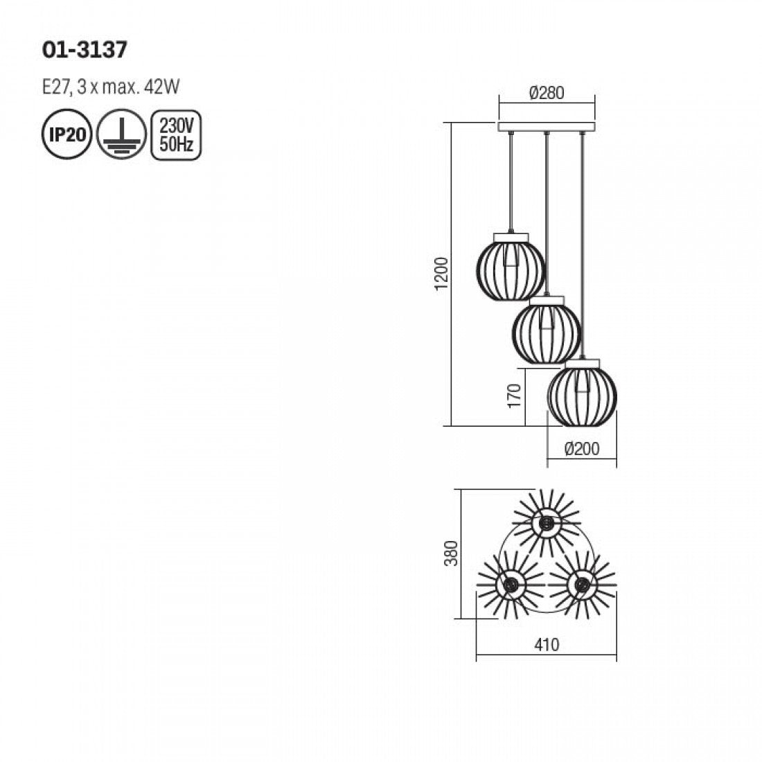 Lustra Trellis, lemn, 3XE27, D.28 cm, 01-3137-NEW