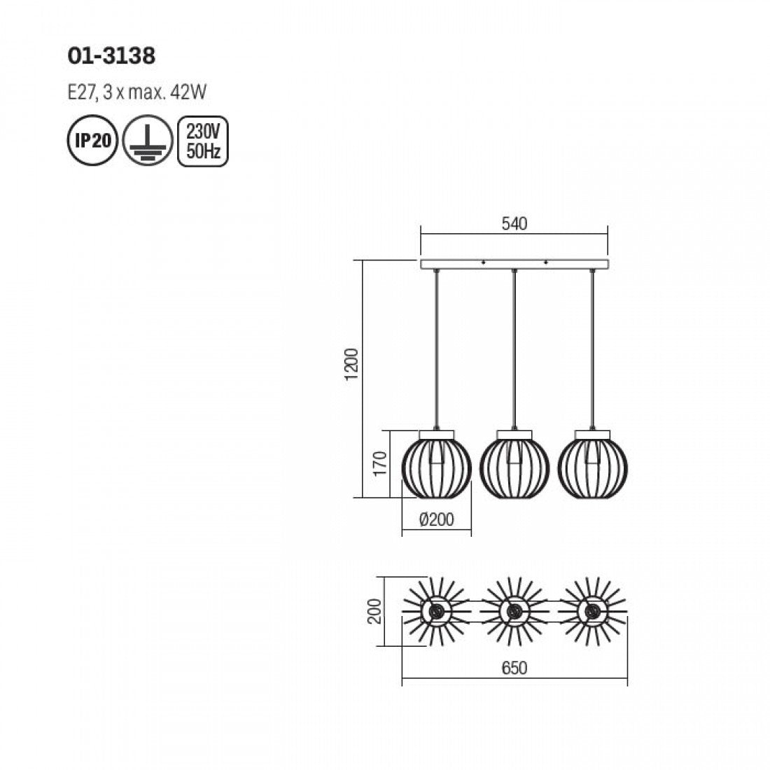 Lustra Trellis, lemn, 3XE27, L.54 cm, 01-3138-NEW