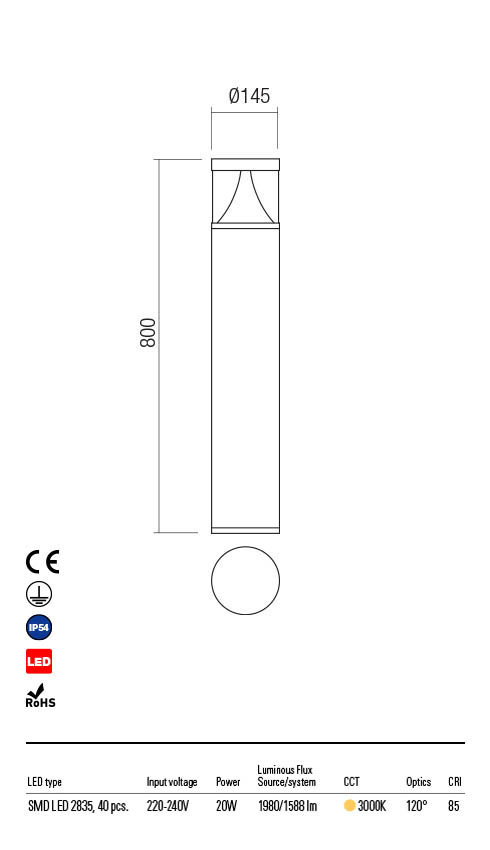 Stalp exterior LED Palace, gri, 20W, 1980lm, 3000K, IP54, Redo, 90161