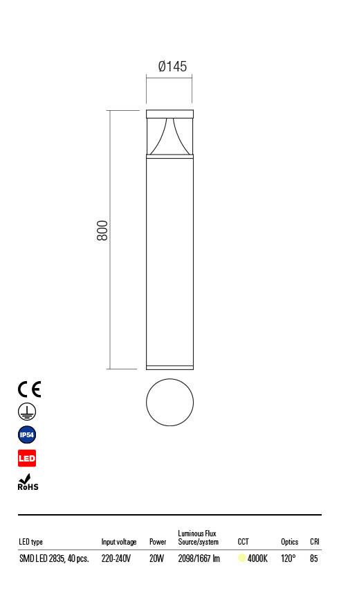 Stalp exterior LED Palace, maro, 20W, 2098lm, 4000K, IP54, Redo, 90164