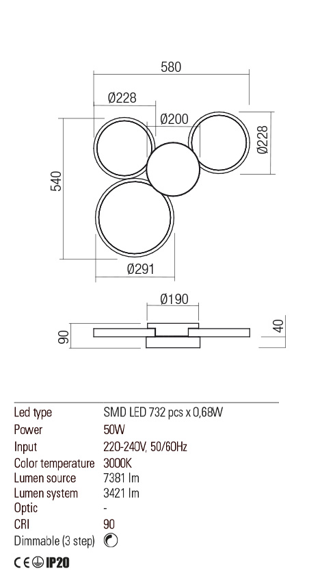 Plafoniera LED Cronos, alb mat, 50W, 7381 lm, 3000K, IP20, Redo, 01-2536