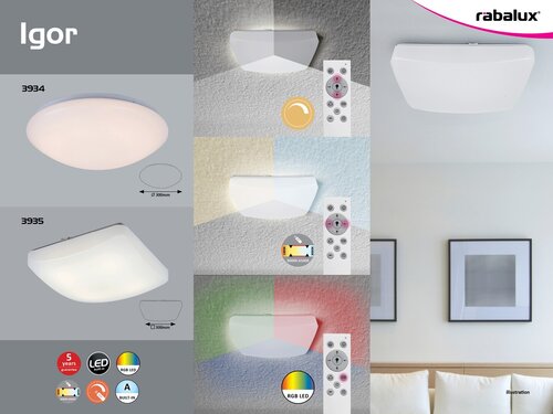 Plafoniera LED Igor, alb, 16W, 1150lm, 3000-6500K, IP20, Rabalux, 3935