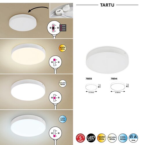 Plafoniera LED exterior Tartu, alb mat, 18W, 1800lm, 2800K-6000K, D.17,5cm, IP44, Rabalux, 7893