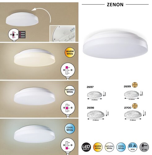 Plafoniera LED exterior Zenon, alb, 18W, 1800lm, 3000K,4000K,6000K, D.22cm, IP54, Rabalux, 2697