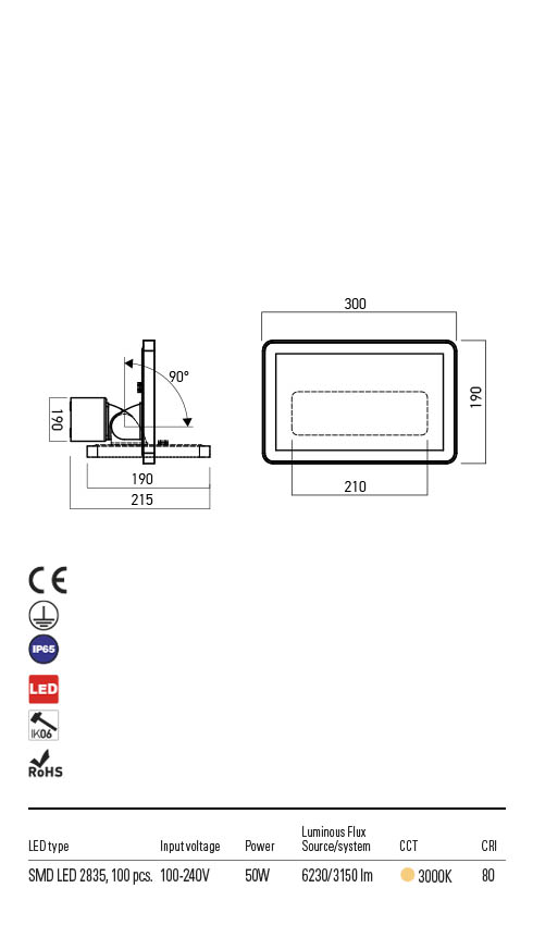 Proiector FLUX gri inchis, LED 50W, 5600 lm, 3000K, IP65, Redo 90244