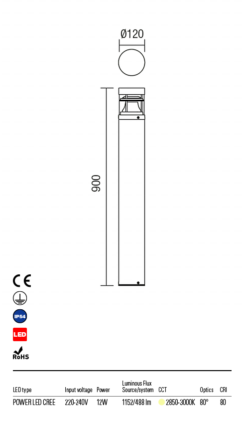 Stalp exterior LED Spark, gri, 12W, 1152lm, 2850K-3000K, IP54, Redo, 9941