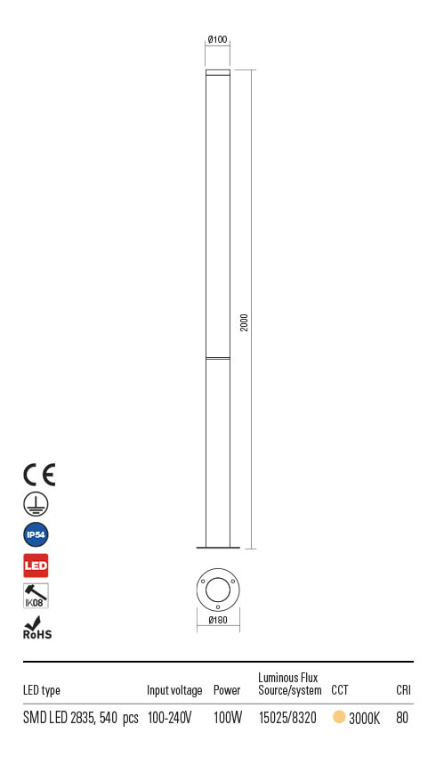 Stalp exterior LED Hint, gri inchis, 100W, 11520lm, 3000K, IP54, Redo, 90278