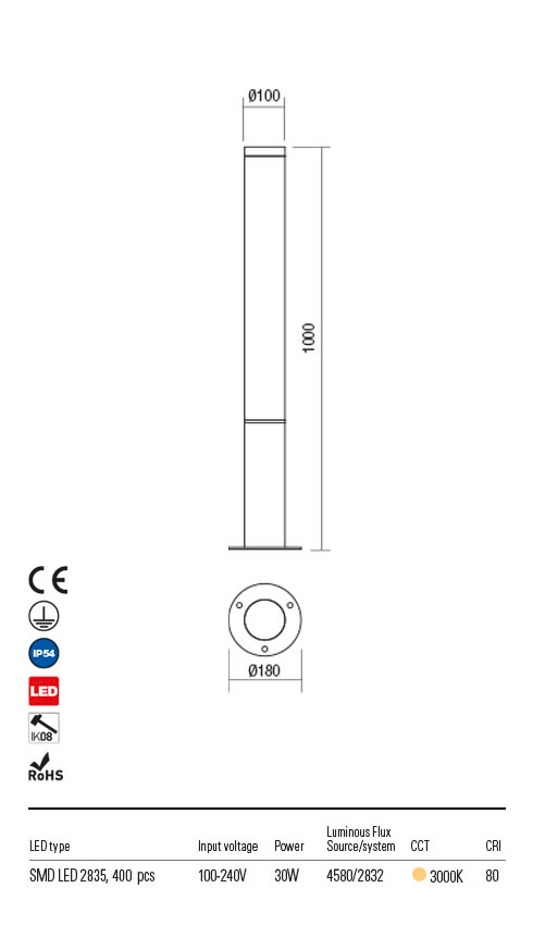 Stalp exterior LED Hint, gri inchis, 30W, 3650lm, 3000K, IP54, Redo, 90277
