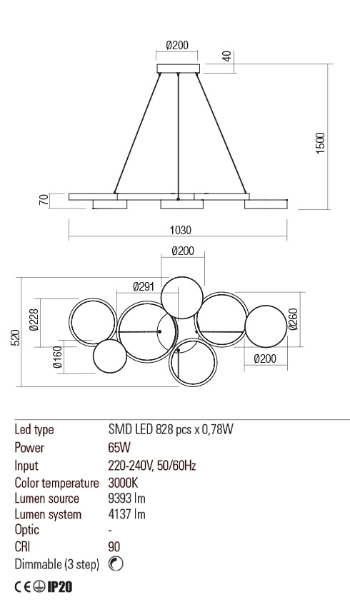 Lustra LED Cronos, alb mat, 65W, 9393lm, 3000K, IP20, Redo, 01-2545