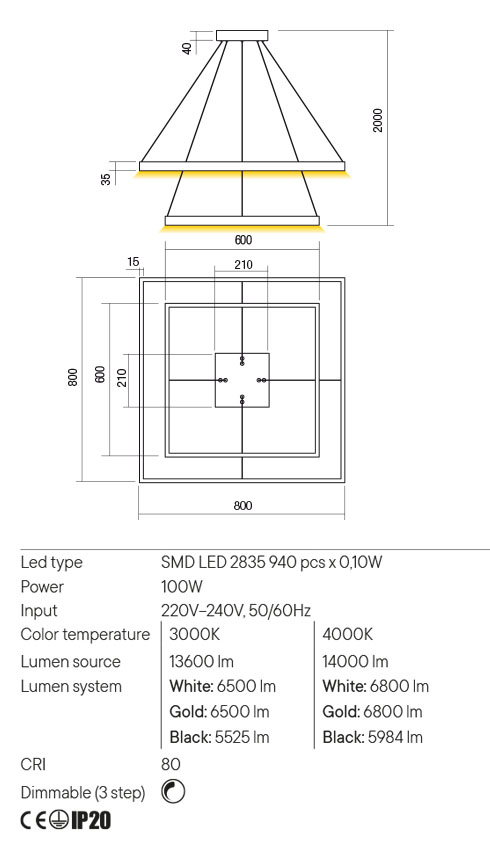 Lustra LED Febe, alb mat, 100W, 13600lm, 3000K, IP20, Redo, 01-2917