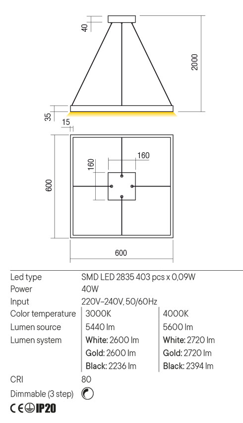 Lustra LED Febe, alb mat, 40W, 5440lm, 3000K, IP20, Redo, 01-2899