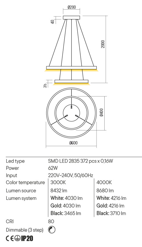 Lustra LED Febe, alb mat, 62W, 8680lm, 4000K, IP20, Redo, 01-2888