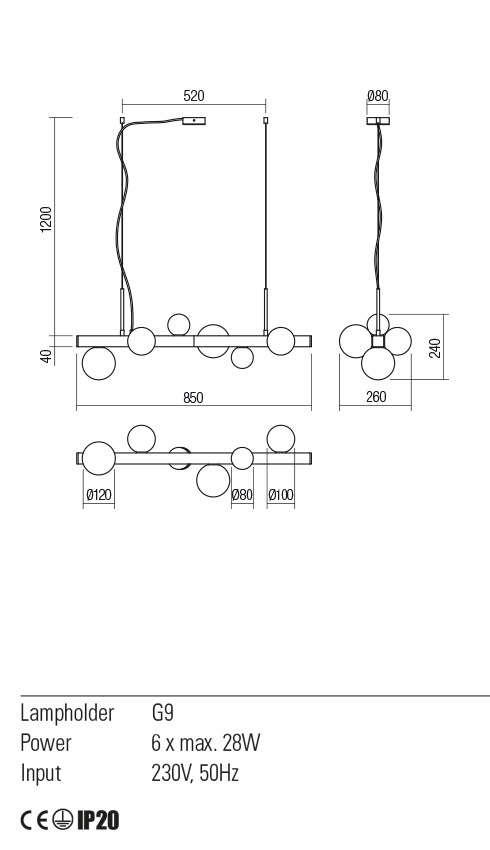 Lustra Goji, negru, 6xG9, IP20, Redo, 01-2375