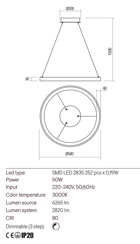Lustra LED Iconic, alb mat, 50W, 6265lm, 3000K, IP20, Redo, 01-2672