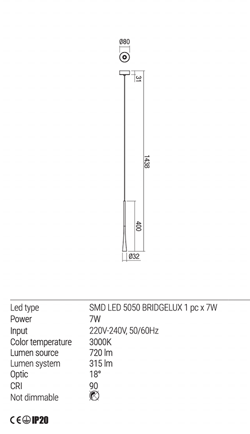 Lustra suspendata LED Ito, alb mat, 6W, 630lm, 3000K, IP20, Redo, 01-1753