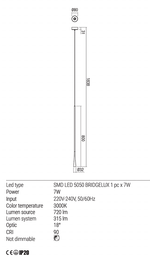 Lustra suspendata LED Ito, alb mat, 6W, 630lm, 3000K, IP20, Redo, 01-1759