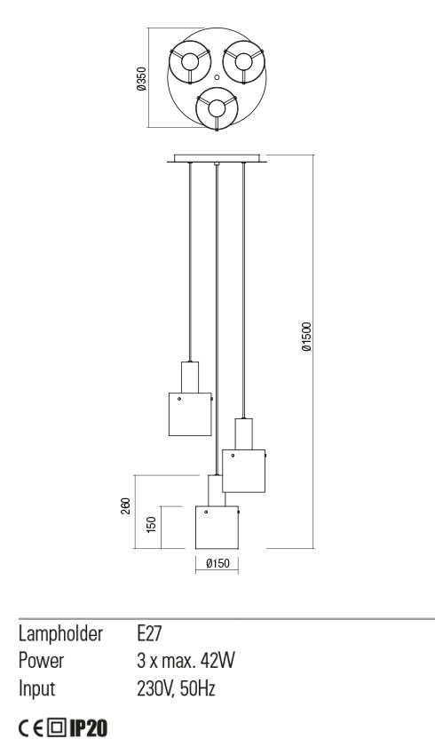 Lustra Lou, negru/fumuriu degrade, 3XE27, IP20, Redo, 01-2007