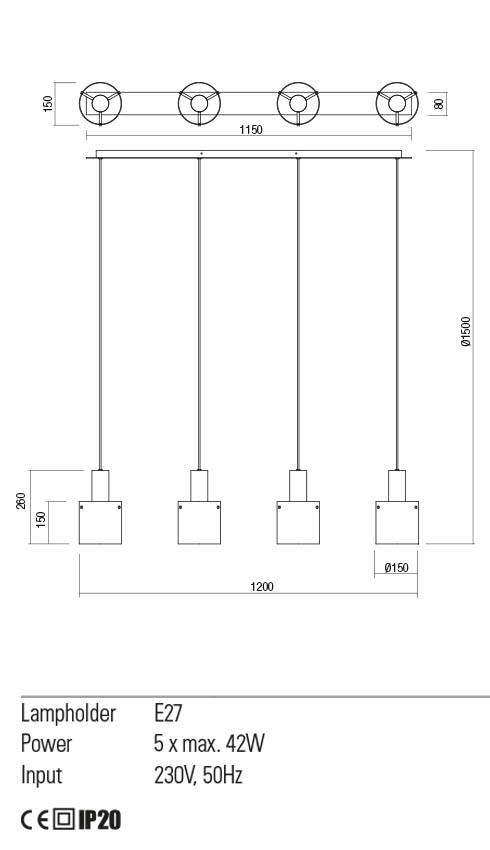 Lustra Lou, negru/fumuriu degrade, 4XE27, IP20, Redo, 01-2008