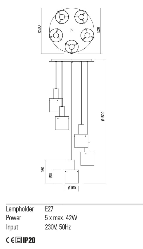 Lustra Lou, negru/fumuriu degrade, 5XE27, IP20, Redo, 01-2009
