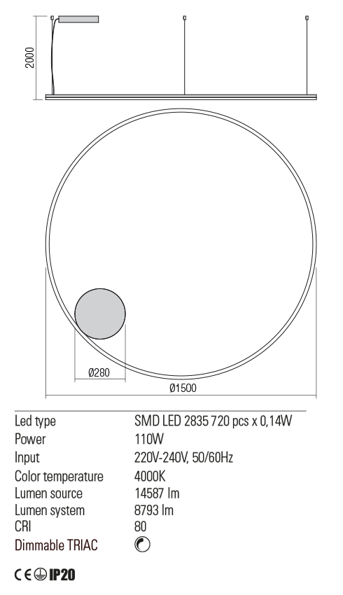 Lustra suspendata LED Orbit, alb mat, 110W, 14587lm, 4000K, IP20, Redo, 01-1920-TRIAC