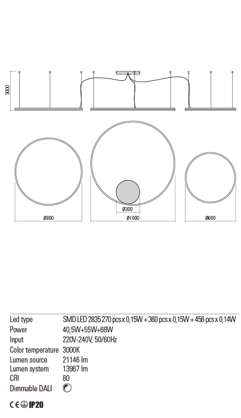Lustra suspendata LED Orbit, alb mat, 40.5W + 55W + 68W, 21146lm, 3000K, IP20,Redo, 01-1722-DALI