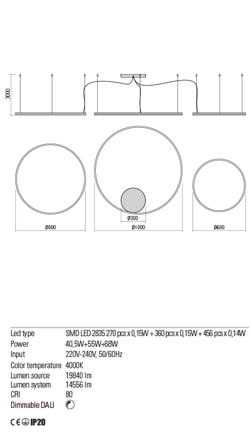 Lustra suspendata LED Orbit, bronz, 40.5W + 55W + 68W, 22181lm, 4000K, IP20, Redo, 01-1925-DALI