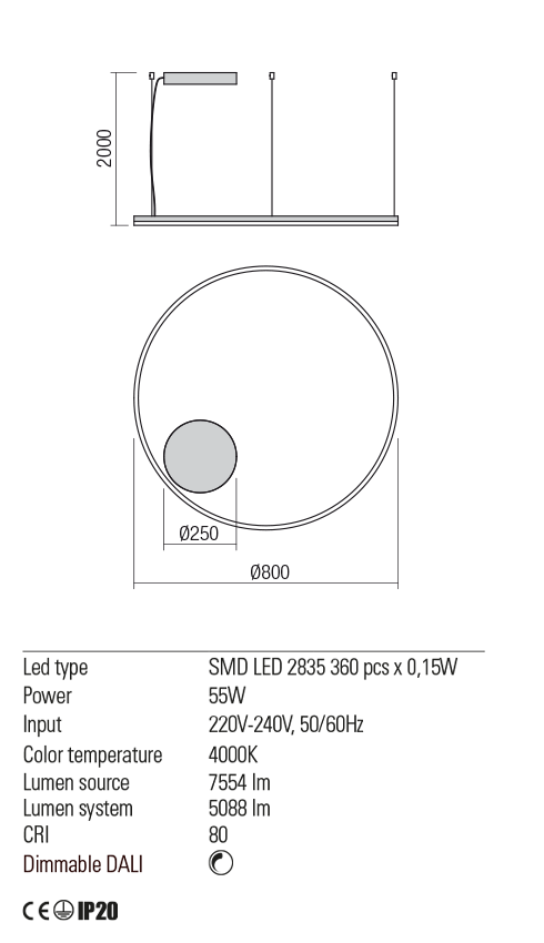Lustra suspendata LED Orbit, negru mat, 55W, 7554lm, 4000K, IP20, Redo, 01-1962-DALI