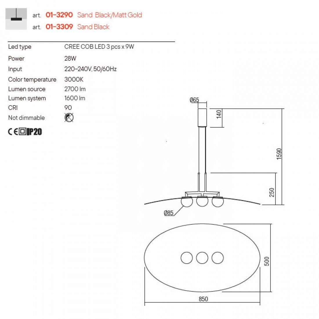 Lustra LED Cody, negru/auriu, 27W, 1600lm, 3000K, L.85 cm, Redo, 01-3290